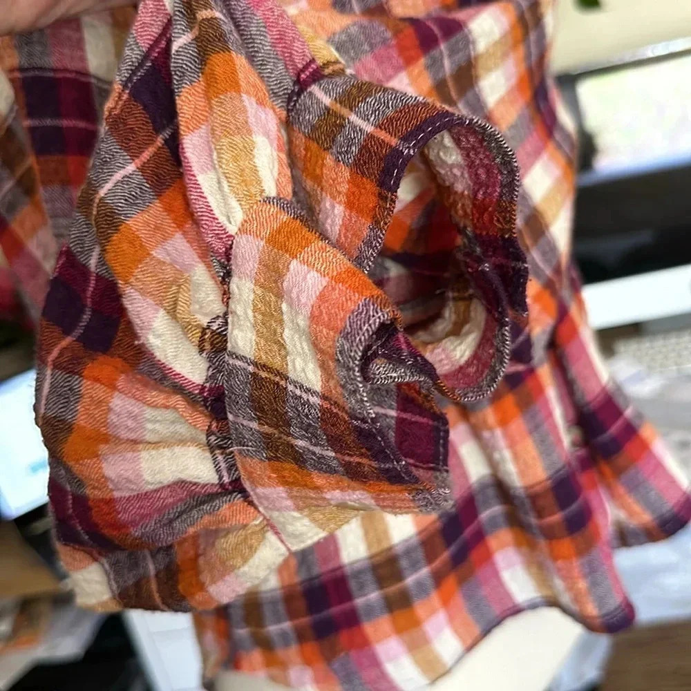 PILCRO Anthropologie Plaid Flannel Button Down Shirt Western Boho Ruffle Trim M - Picture 10 of 16